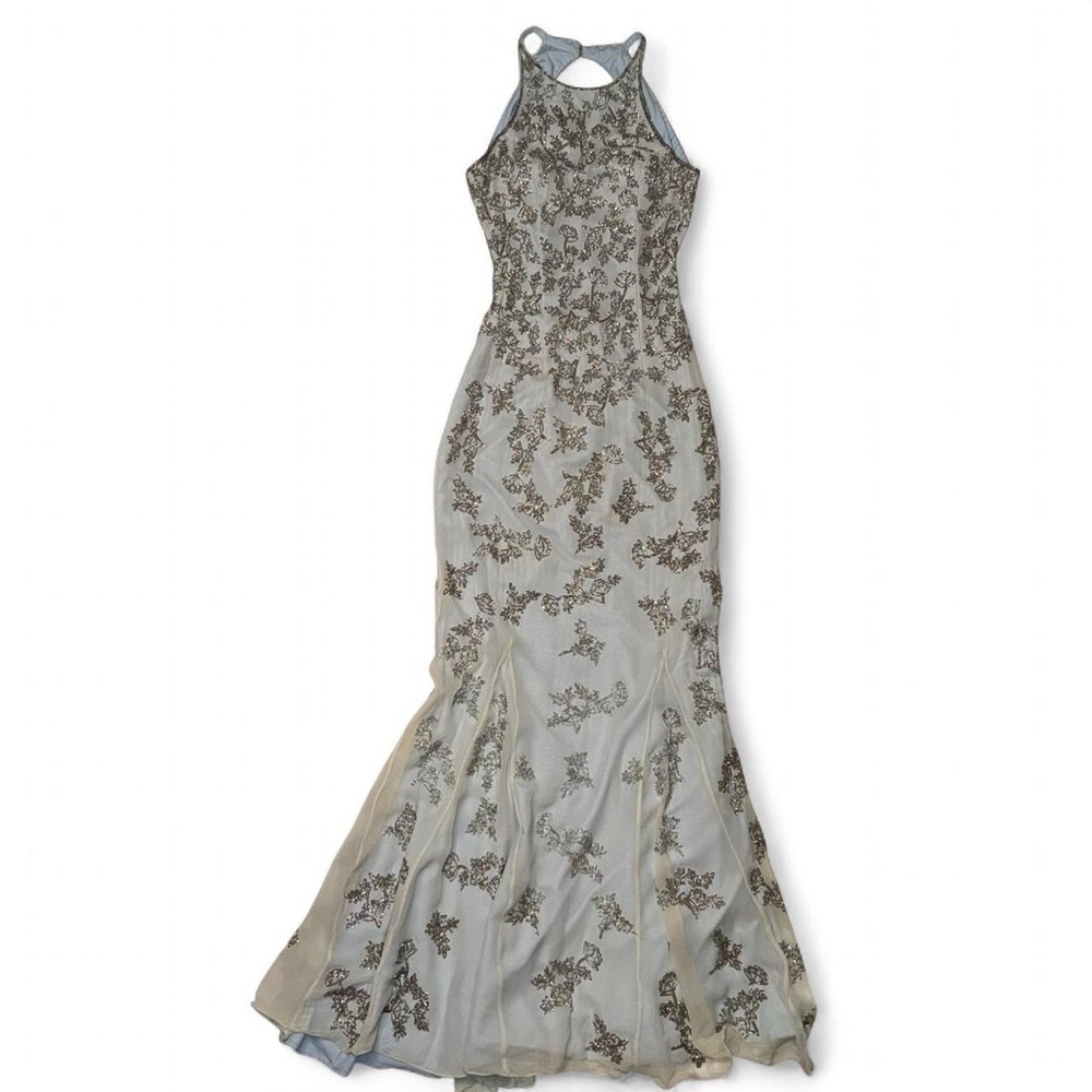 Gorgeous Vintage Lillie Rubin Silk Maxi Dress w/ Silver Floral Beading - Small